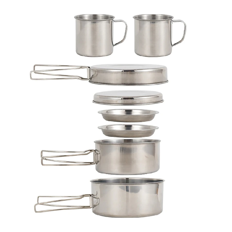 Camping Cooking Gear Set - 8個/セット キャンプ調理器具セット ステンレス製調理鍋とフライパンセット プレートとカップ付き アウトドアハイキングバックパッキング用