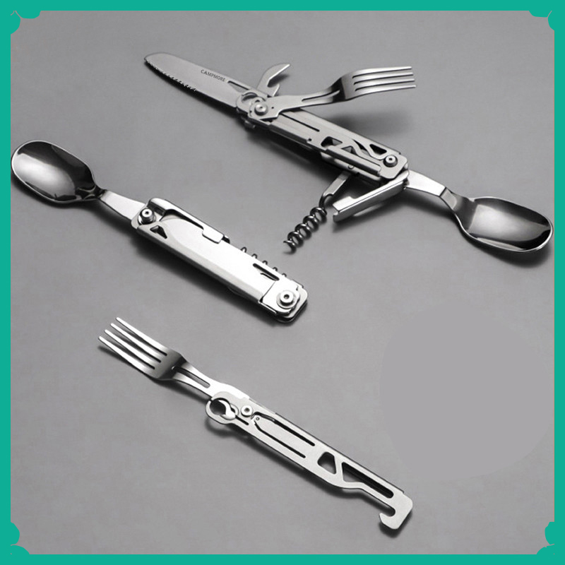 Camping Cooking And Dining Set - 多機能キャンプフォークスプーンセットポータブル折りたたみナイフフォークスプーン栓抜き付きコンパクトアウトドア調理器具