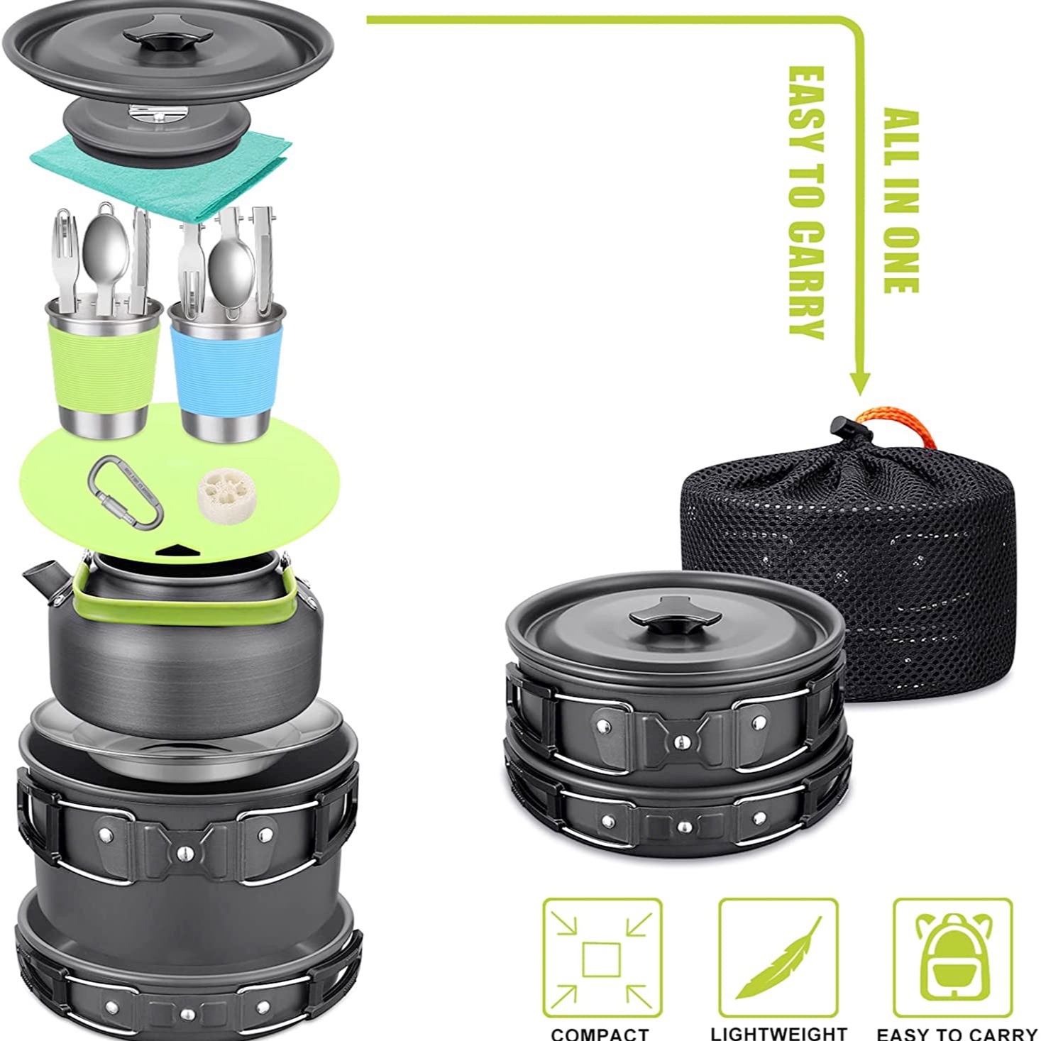 Camping Cooking Gear Set - アウトドアキャンプクックセット（ケトル付き）、304ステンレス鋼食器、軽量バックパッキングギア