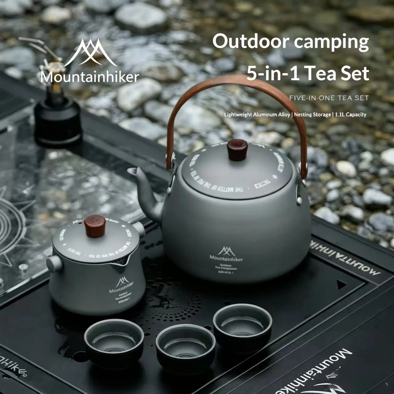 Camping Cooking Set 2 Person - Mountainhiker MoChuan 5‑in‑1 キャンプケトルセット ポータブルアルミニウム合金調理器具キット 多機能アウトドアウォーターケトルポット
