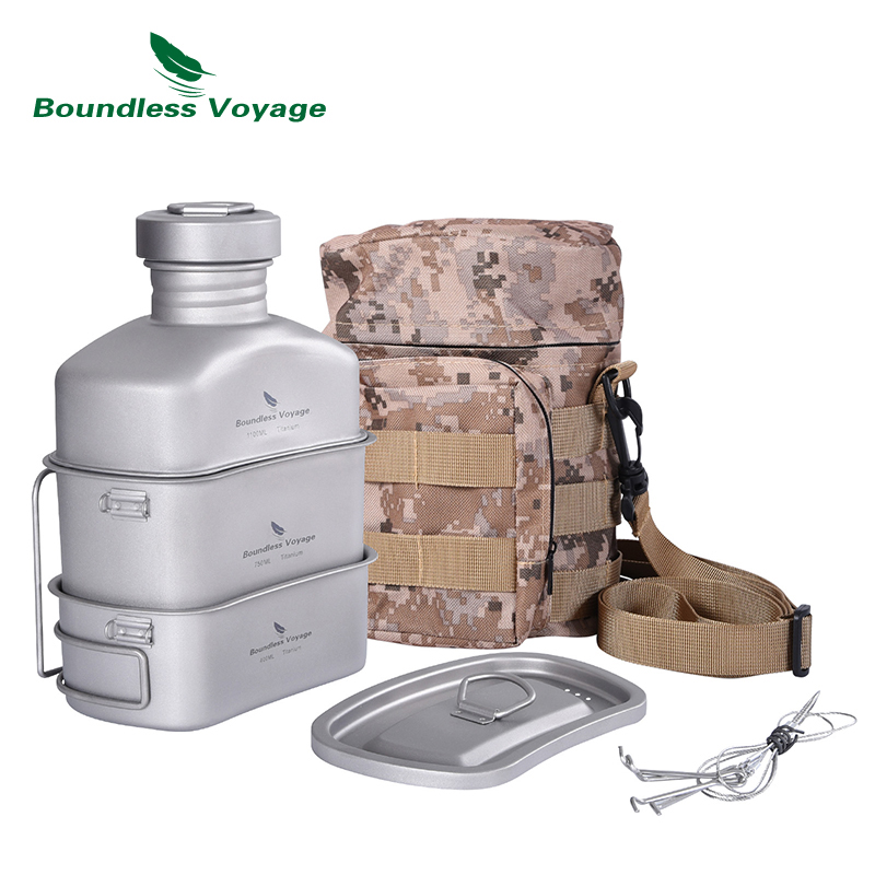 Mess Kit Titanium - 無限航海屋外軍事水筒ボトルキャンプハイキング水カップチタン調理器具1100ミリリットルボトル750ミリリットルポット400ミリリットルボウル