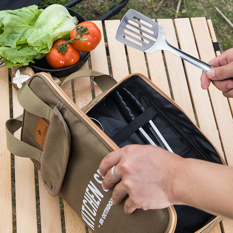 Camping Cooking Utensil Organizer - 8 個キャンプキッチン調理器具セットポータブルバッグアウトドア旅行用品収納バッグステンレス鋼調理セットバーベキューピクニック用