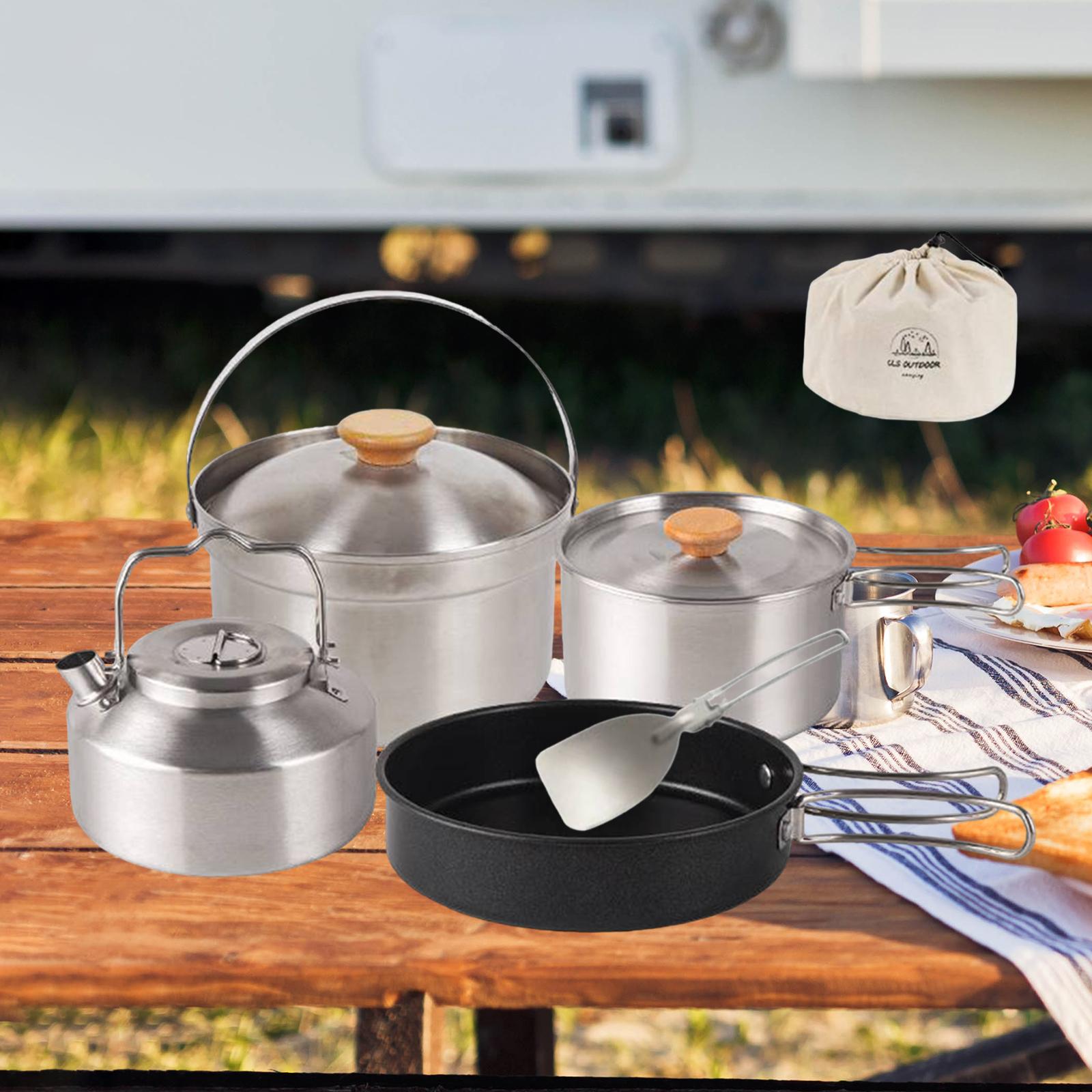 Camping Cooking Gear Set - キャンプ調理器具 クックギア ポータブル ノンスティックフライパン、ティーポット、ケトル 折りたたみハンドル ハイキング