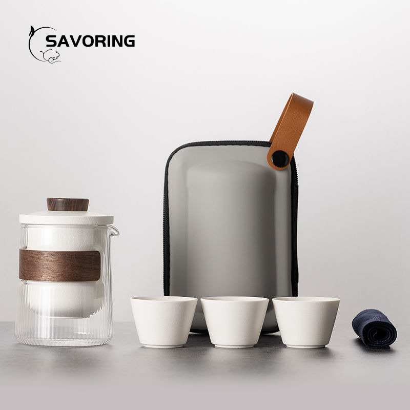 Camping Cooking Accessories - シンプルな中国製陶磁器茶器セット、ポット1個、カップ3個、バッグ付き、旅行用茶器セット、キャンプ用磁器茶碗、茶道用蓋碗カップツール