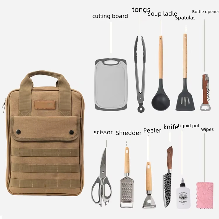 Camping Cooking Utensil Organizer - キャンプ用調理器具アクセサリーセット、12個入りポータブル調理器具オーガナイザー、屋外ピクニック用食器収納バッグ