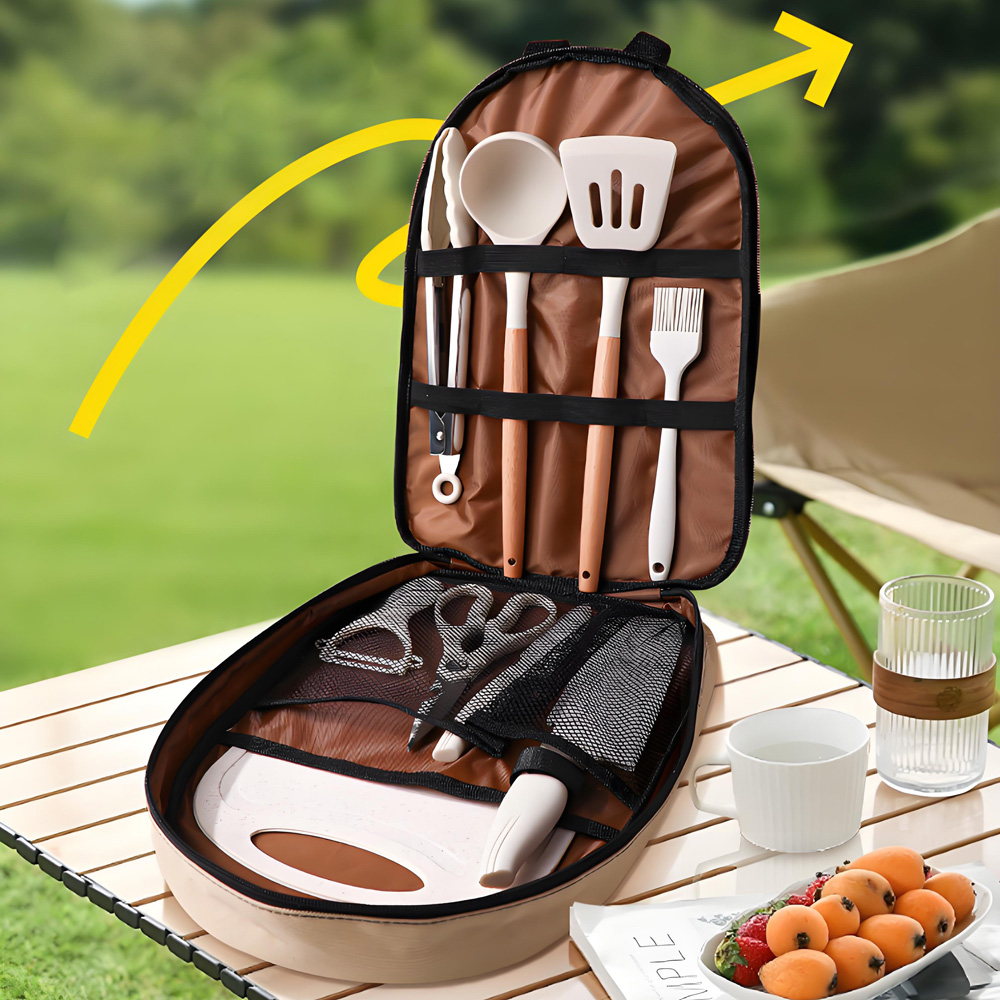 Camping Cooking And Dining Set - 10点セット ポータブルキャンプ用調理器具セット、シリコン製スパチュラ、お玉、まな板、ナイフ、ハサミ、フードトング、ピーラー