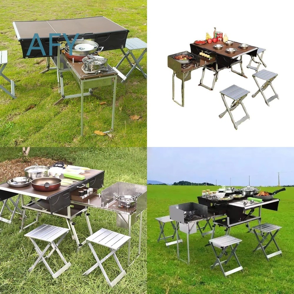 Camping Cooking And Dining Set - ポータブル折りたたみ式フードトレーラー、屋外調理グリル、ダイニング、バーベキュー、ピクニック、キャンプ用テーブルチェアセット、モバイルキッチン付き