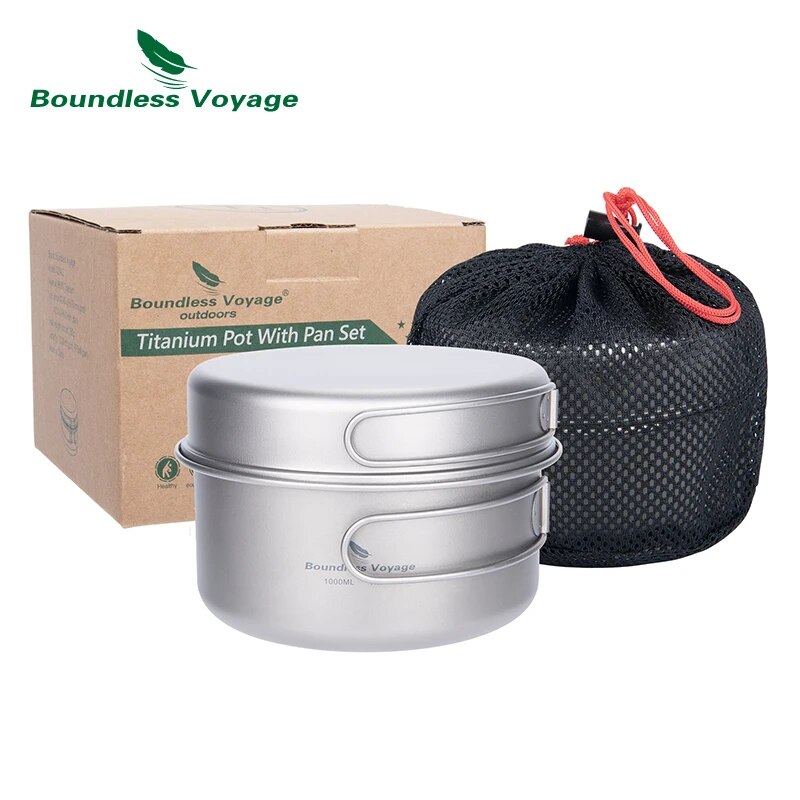 Camping Cooking Set 2 Person - Boundless Voyage チタンポットパンセット 折りたたみハンドル付き キャンプ調理器具 ハイキング