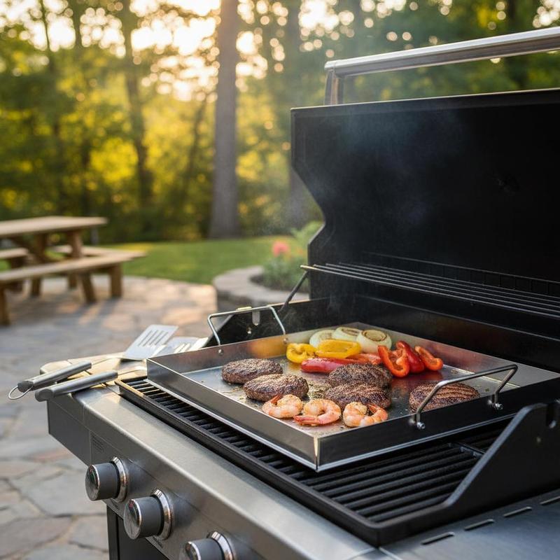 Camping Cooking Kitchen - ユニバーサルフラットトップグリドル 18x16インチ キャンプ、テールゲーティングパーティー用、長方形ホットプレート ファミリー調理器具 内蔵ハンドル ガスグリルアタッチメント