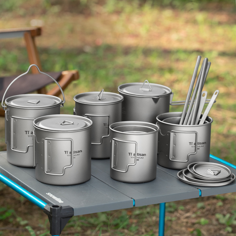 Mess Kit Titanium - Tiartisan 屋外チタン軽量ポータブルティーコーヒーカップ折りたたみハンドルキャンプ水マグハイキング旅行用