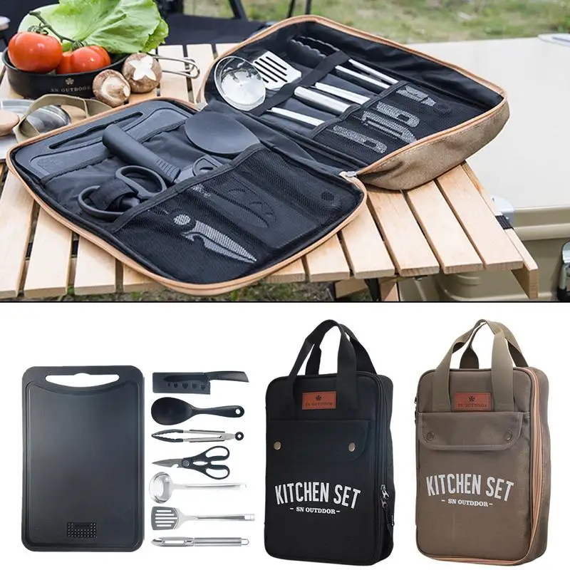 Camping Cooking Utensil Organizer - 8点セット キャンプキッチン調理器具セット ポータブル屋外旅行用具 ステンレス製調理・グリルセット バーベキューピクニック用