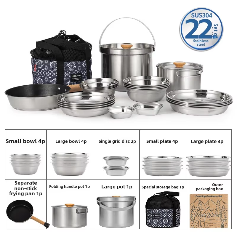 Camping Cooking Mesh - NOBANA 最新の屋外ステンレス鋼ポットセットキャンプファミリーポットセット 5L ポータブルピクニックスープポット揚げ蒸し家庭用ポット