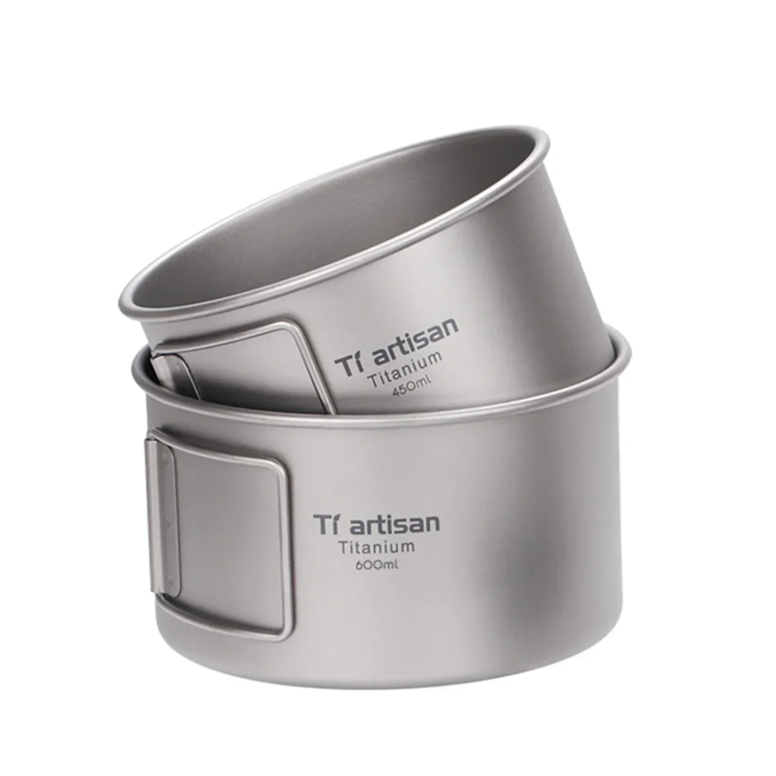 Mess Kit Titanium - キャンプ用折りたたみハンドル付きチタンボウル、ディナーフードコンテナ、屋外パン、キャンプクッキング、蓋なし、450ml、600ml
