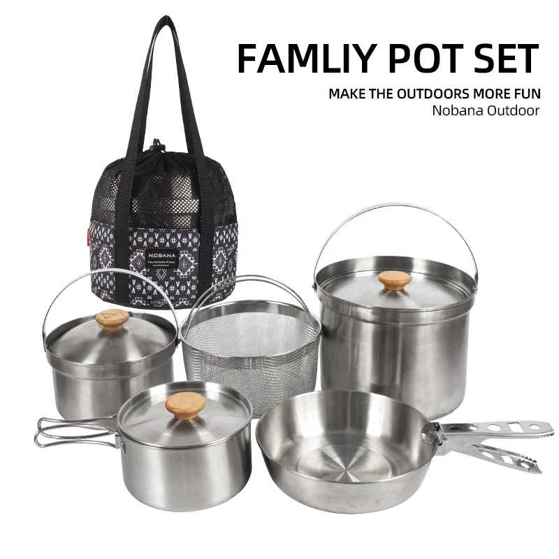 Camping Cooking Mesh - 2026 新しい屋外ステンレス鋼ポットセットキャンプファミリーポットセット 5L ポータブルピクニックスープポット揚げ蒸し家庭用ポット