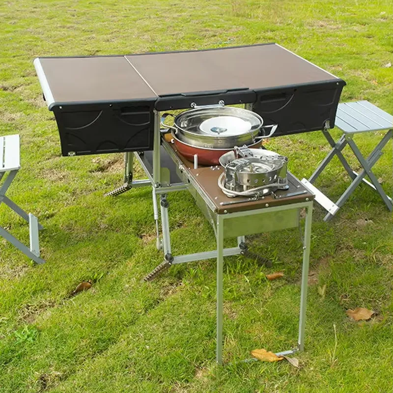 Camping Cooking And Dining Set - ポータブル屋外折りたたみ式フードトレーラー、モバイルキッチン、折りたたみ式調理グリル、ダイニングBBQ、ピクニックテーブルと椅子セット（キャンプ用）