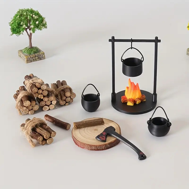 Camping Cooking Accessories - ミニ焚き火吊り下げストーブポットドールハウスキャンプピクニック薪山砂テーブルマイクロ風景シーン装飾オーナメントおもちゃ
