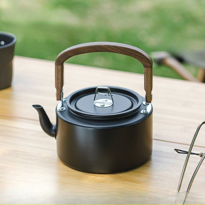 Camping Cooking Mesh - 1.2L 軽量アルミニウム合金キャンプケトル 木製ハンドル付き ブラックとグレー ポータブルアウトドアクッキングポット