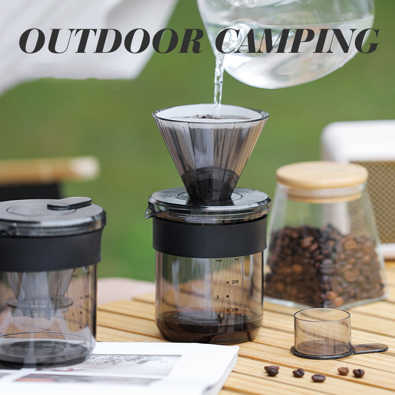 Camping Cooking Accessories - 手淹れ3in1コーヒーポット、目盛り付き、食品グレードの厚手素材、コーヒーカップ、旅行、キャンプ、コーヒー保存カップ