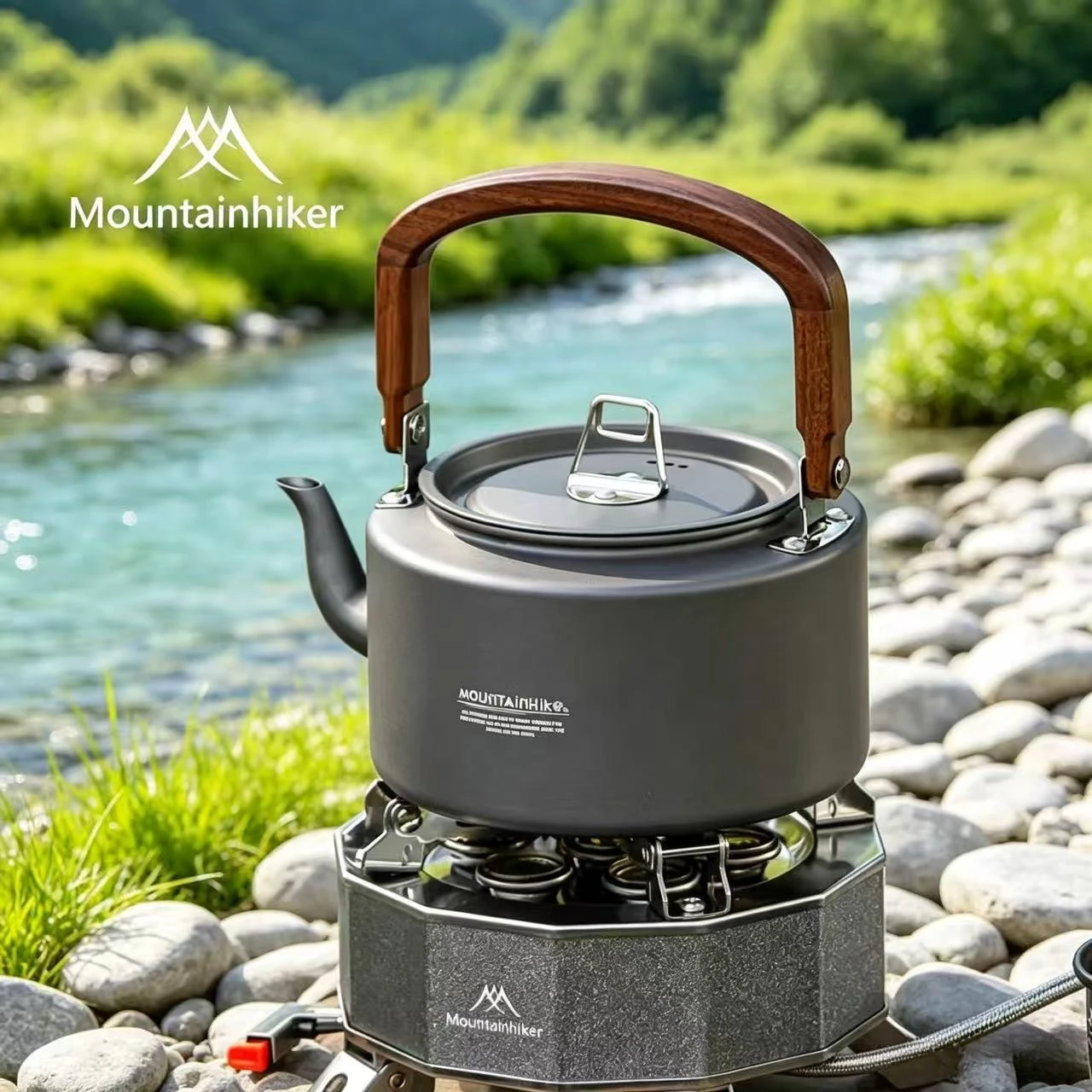 Camping Cooking Set 2 Person - キャンプ用1.4Lティーケトル、アルミニウム合金製、木製ハンドル、キャンプ、ハイキング用ポータブルアウトドアケトル、耐久性のある調理器具