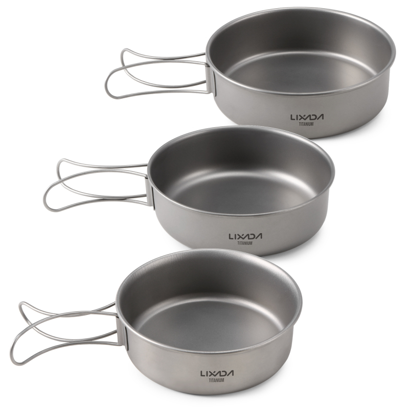 Mess Kit Titanium - Lixada-超軽量チタンボウル、ディナーボウル、フライパン、折りたたみ式ハンドル、食器、アウトドアキャンプ、旅行用品