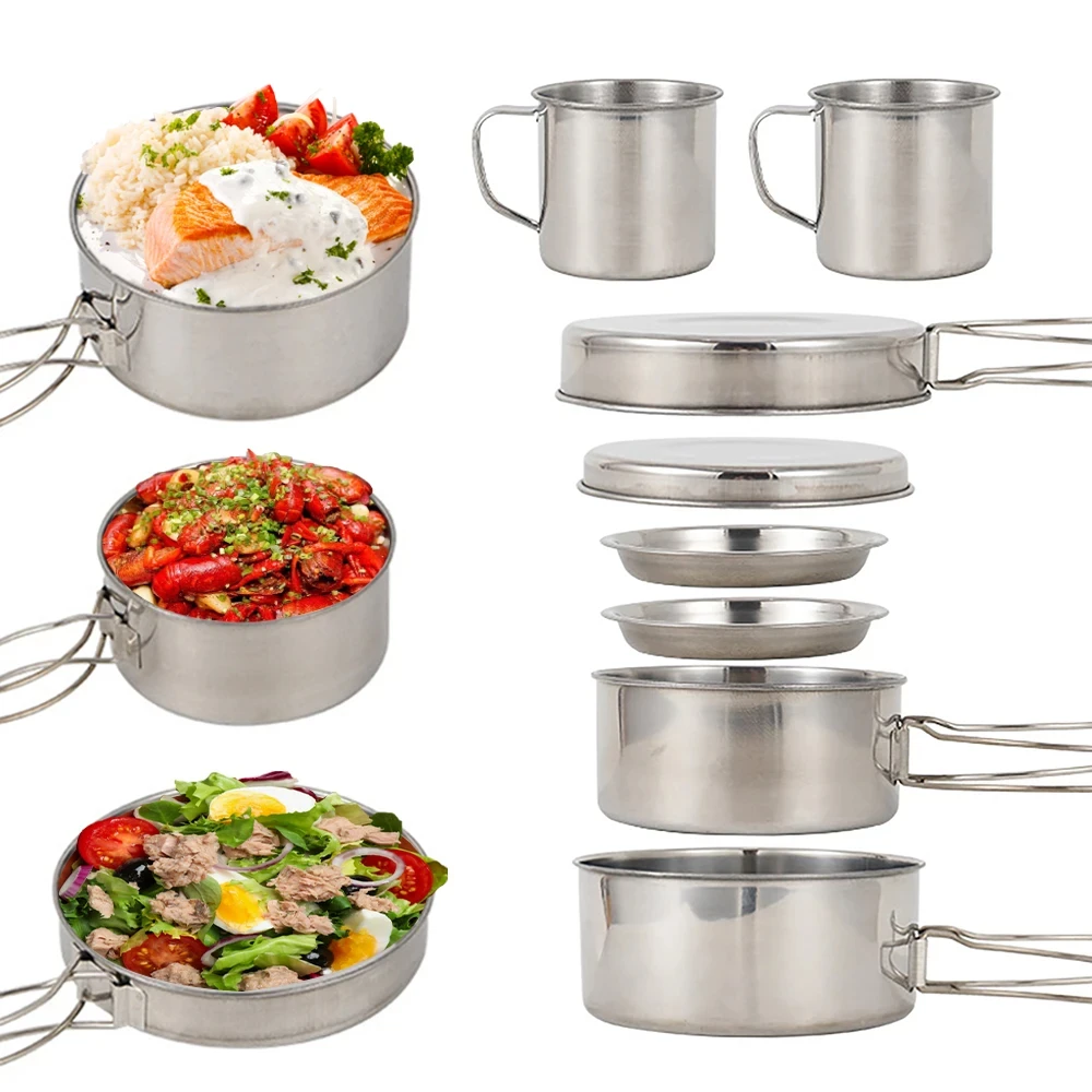 8個/セット キャンプ調理器具セット ステンレス製鍋とフライ - Camping Cooking Gear Set のレビューと価格