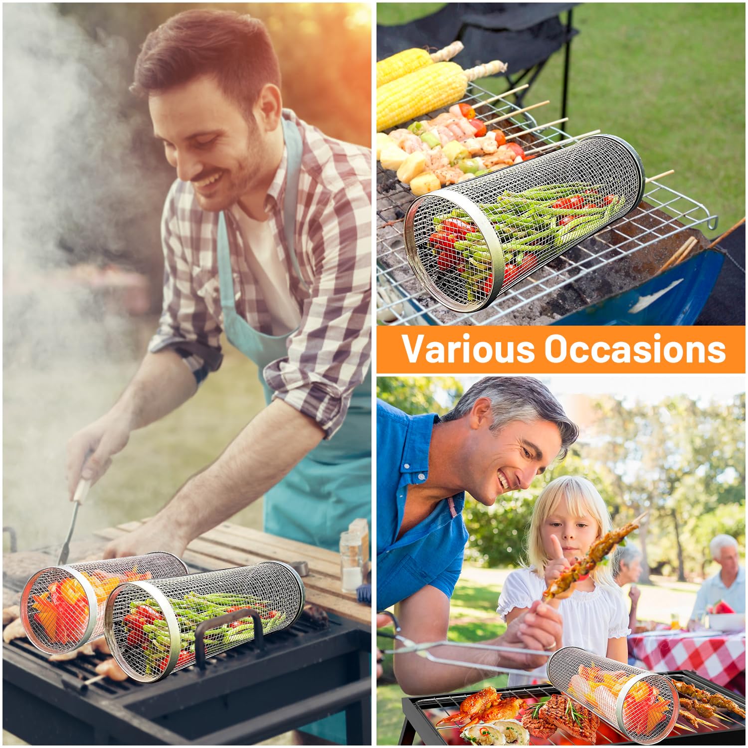 2 個ローリンググリルバスケット屋外グリル用ステンレススチー - Camping Cooking Mesh のレビューと価格
